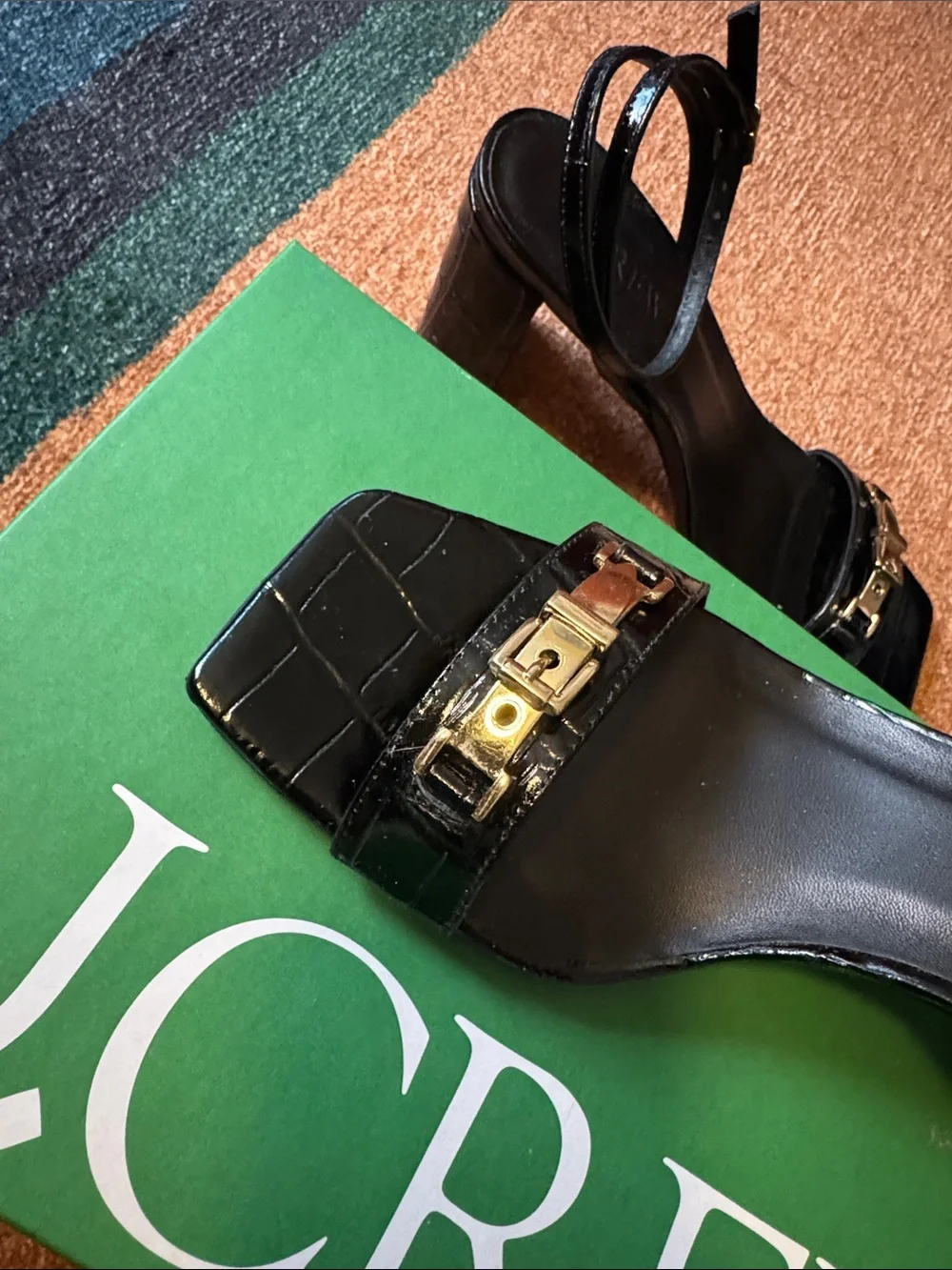 J. Crew Black Croc-Embossed Strappy Block Heel Sandals